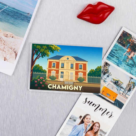 Magnet souvenir de la ville de Chamigny avec une illustration stylisée de sa mairie.