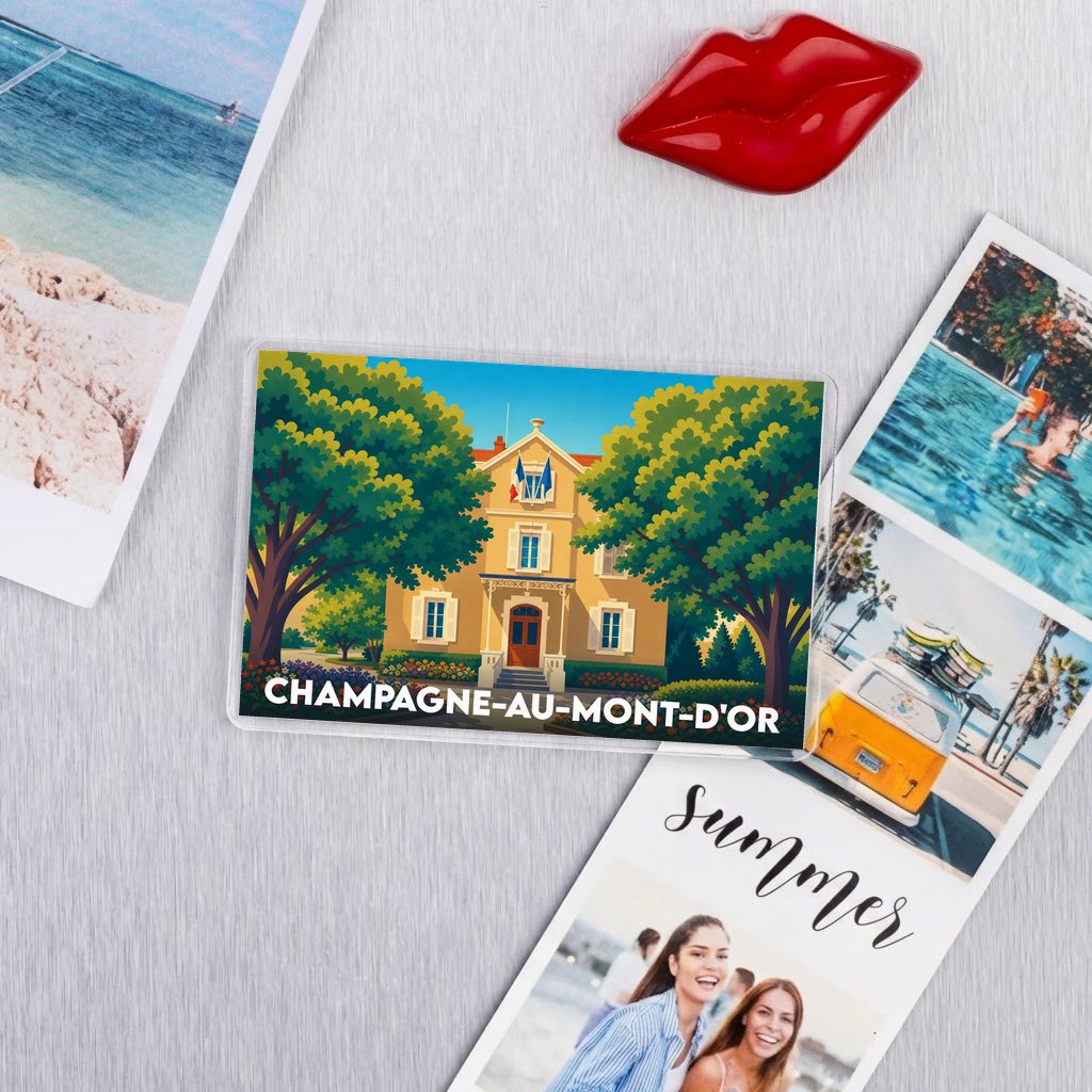 Magnet souvenir de la ville de Champagne-au-Mont-d'Or avec une illustration stylisée de la mairie.