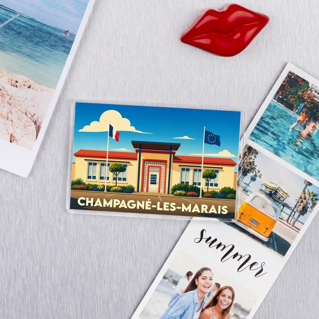 Magnet souvenir de la ville de Champagné-les-Marais avec une illustration stylisée de la mairie.
