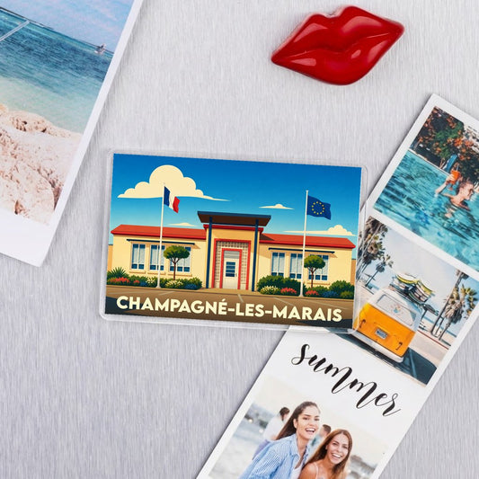 Magnet souvenir de la ville de Champagné-les-Marais avec une illustration stylisée de la mairie.