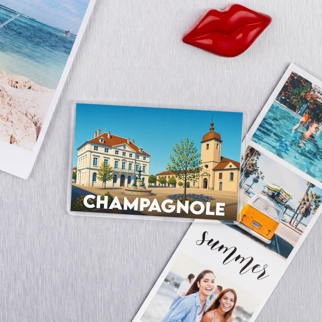 Magnet souvenir de la ville de Champagnole avec une illustration stylisée de sa place principale.