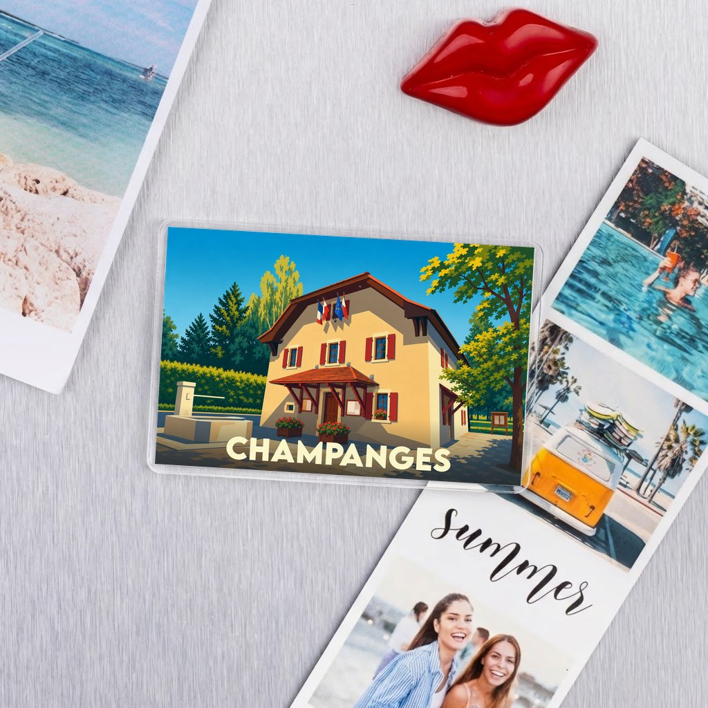 Magnet souvenir de la ville de Champanges avec une illustration stylisée de sa mairie.