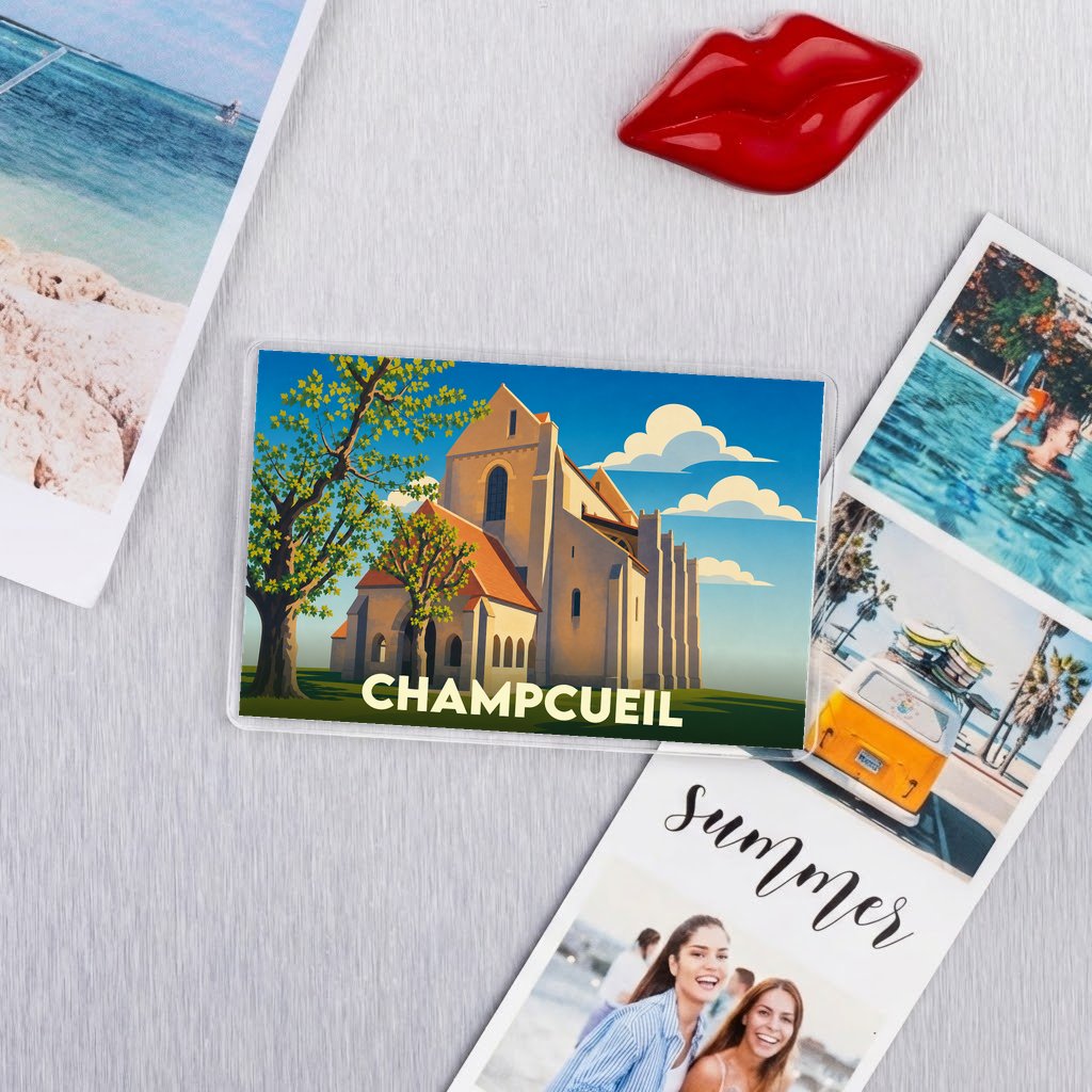 Magnet souvenir de la ville de Champcueil avec une illustration stylisée de son église.