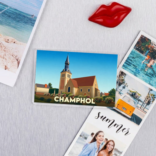 Magnet souvenir de la ville de Champhol avec une illustration stylisée de son église.