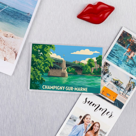 Magnet souvenir de la ville de Champigny-sur-Marne avec une illustration stylisée.