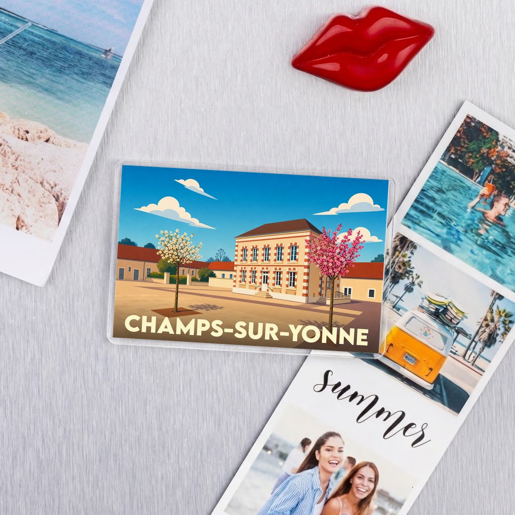 Magnet souvenir de la ville de Champs-sur-Yonne avec une illustration colorée et stylisée.