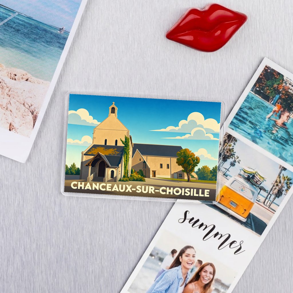 Magnet souvenir de la ville de Chanceaux-sur-Choisille avec une illustration stylisée de son église.