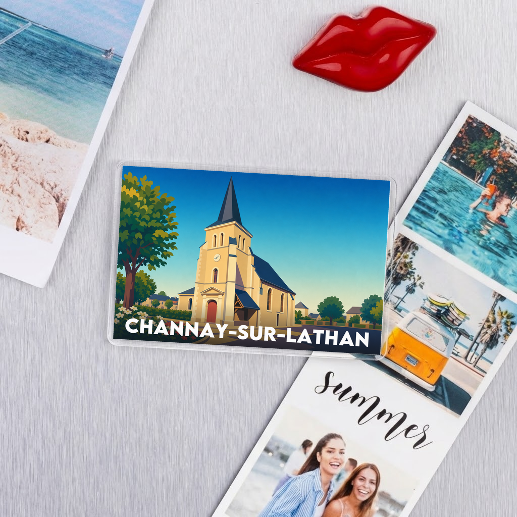 Magnet souvenir de la ville de Channay-sur-Lathan avec une illustration stylisée.