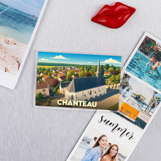 Magnet souvenir de la ville de Chanteau avec une illustration stylisée.