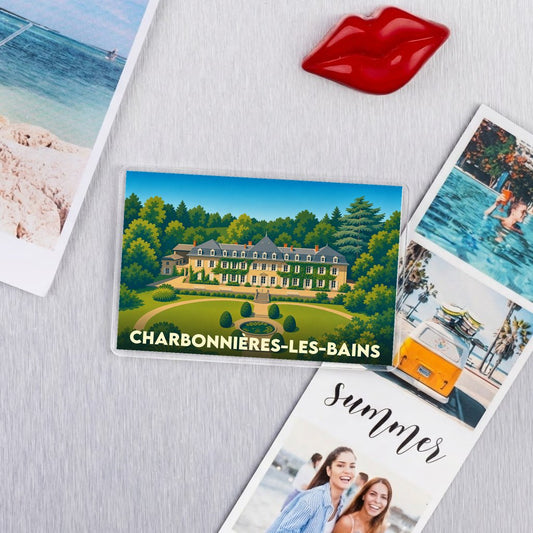 Magnet souvenir de la ville de Charbonnières-les-Bains avec une illustration stylisée d'un domaine entouré de jardins.