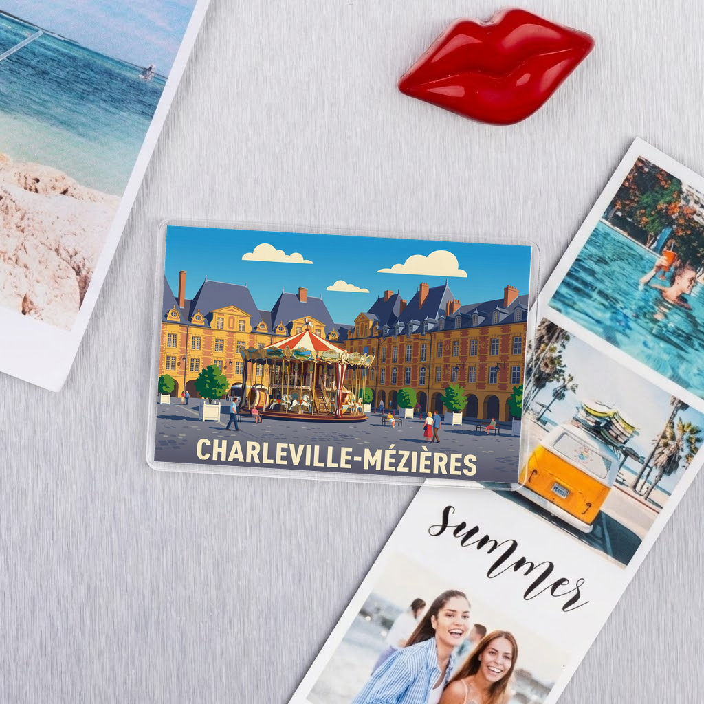 Magnet souvenir de la ville de Charleville-Mézières avec une illustration stylisée.