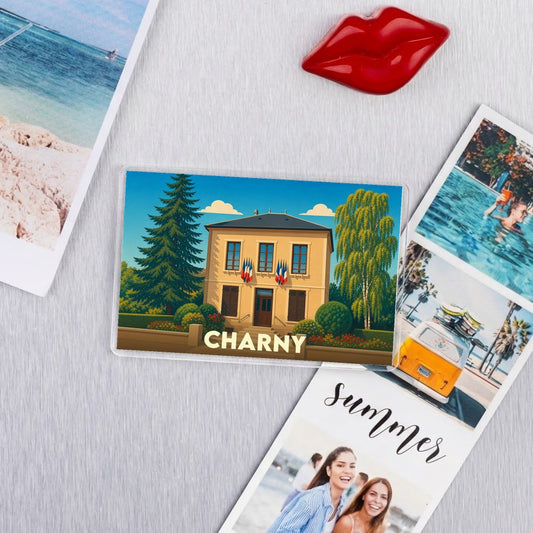 Magnet souvenir de la ville de Charny avec une illustration stylisée de son hôtel de ville.