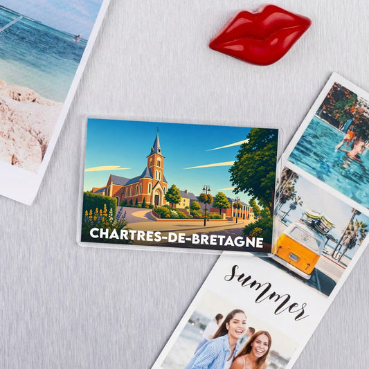 Magnet souvenir de la ville de Chartres-de-Bretagne avec une illustration stylisée de son église.