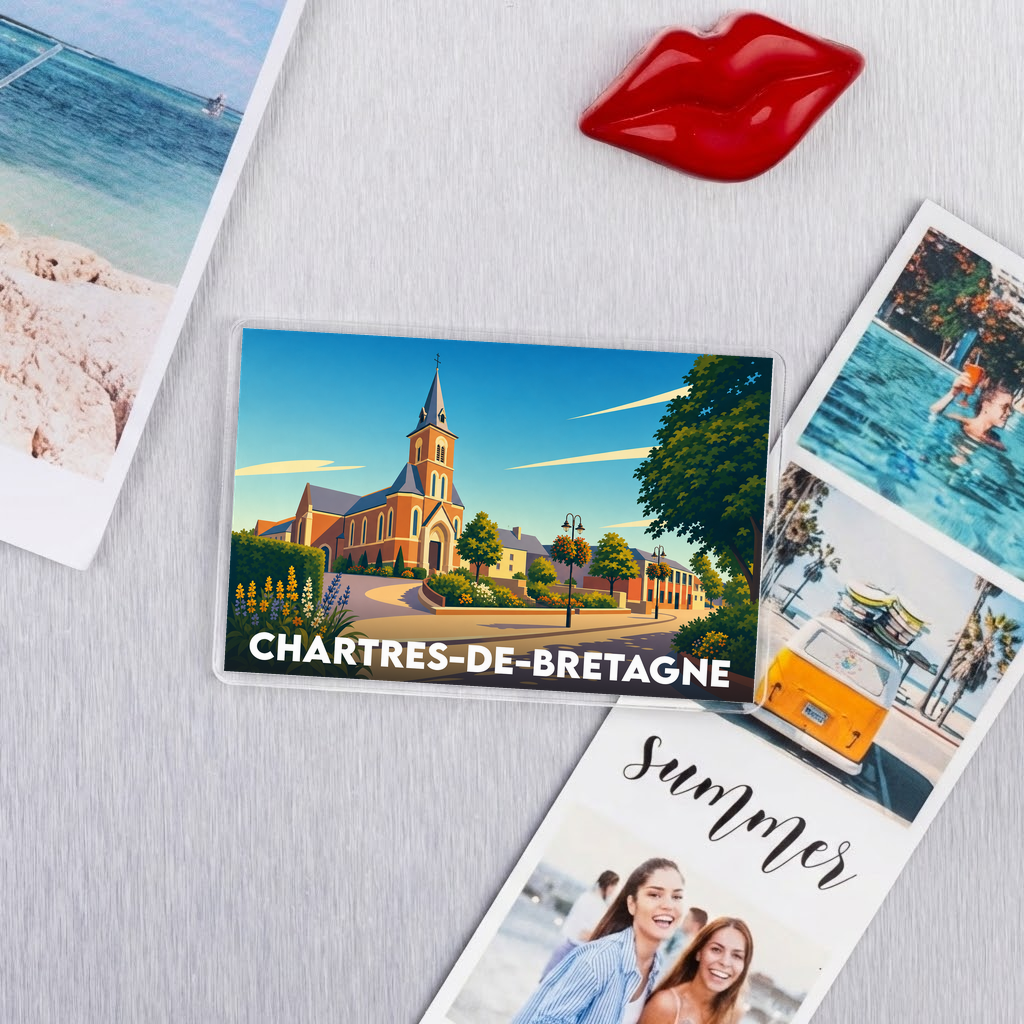 Magnet souvenir de la ville de Chartres-de-Bretagne avec une illustration stylisée de son église.
