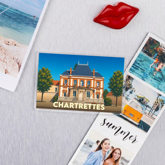 Magnet souvenir de la ville de Chartrettes avec une illustration stylisée de sa mairie.