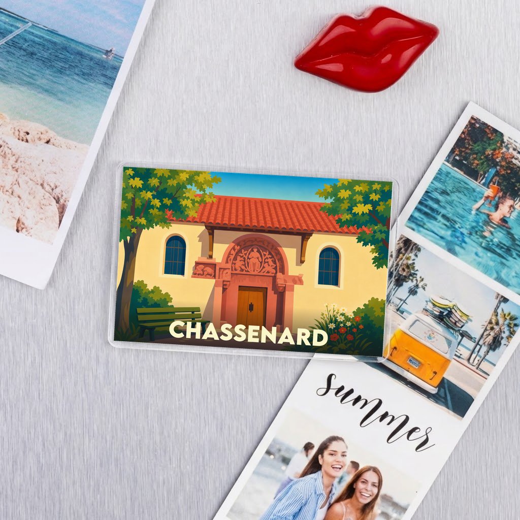 Magnet souvenir de la ville de Chassenard avec une illustration stylisée.