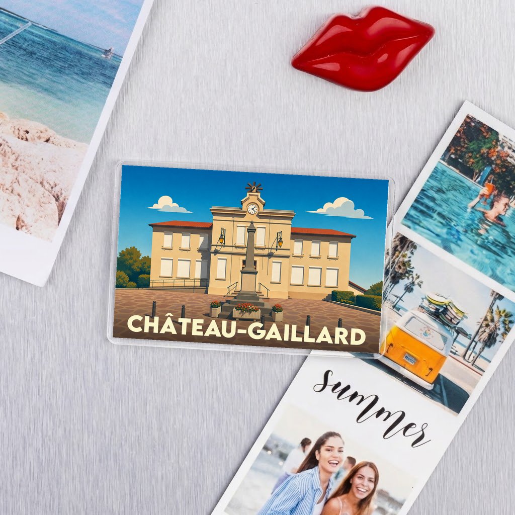 Magnet souvenir de la ville de Château-Gaillard avec une illustration stylisée de sa mairie.