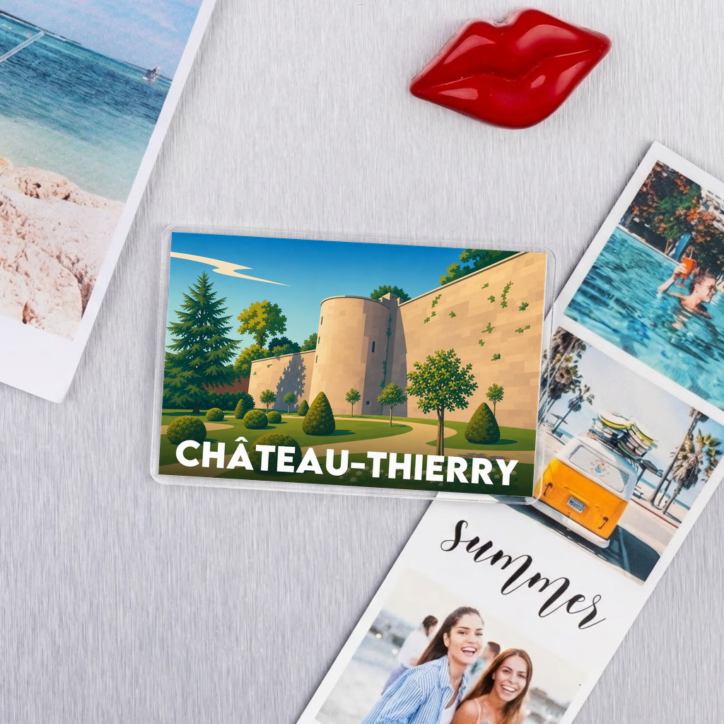Magnet souvenir de la ville de Château-Thierry avec une illustration stylisée de ses remparts et de ses jardins.