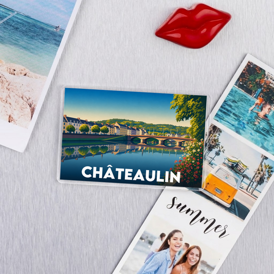 Magnet souvenir de la ville de Châteaulin avec une illustration stylisée.