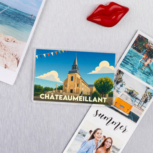 Magnet souvenir de la ville de Châteaumeillant avec une illustration stylisée de son église.