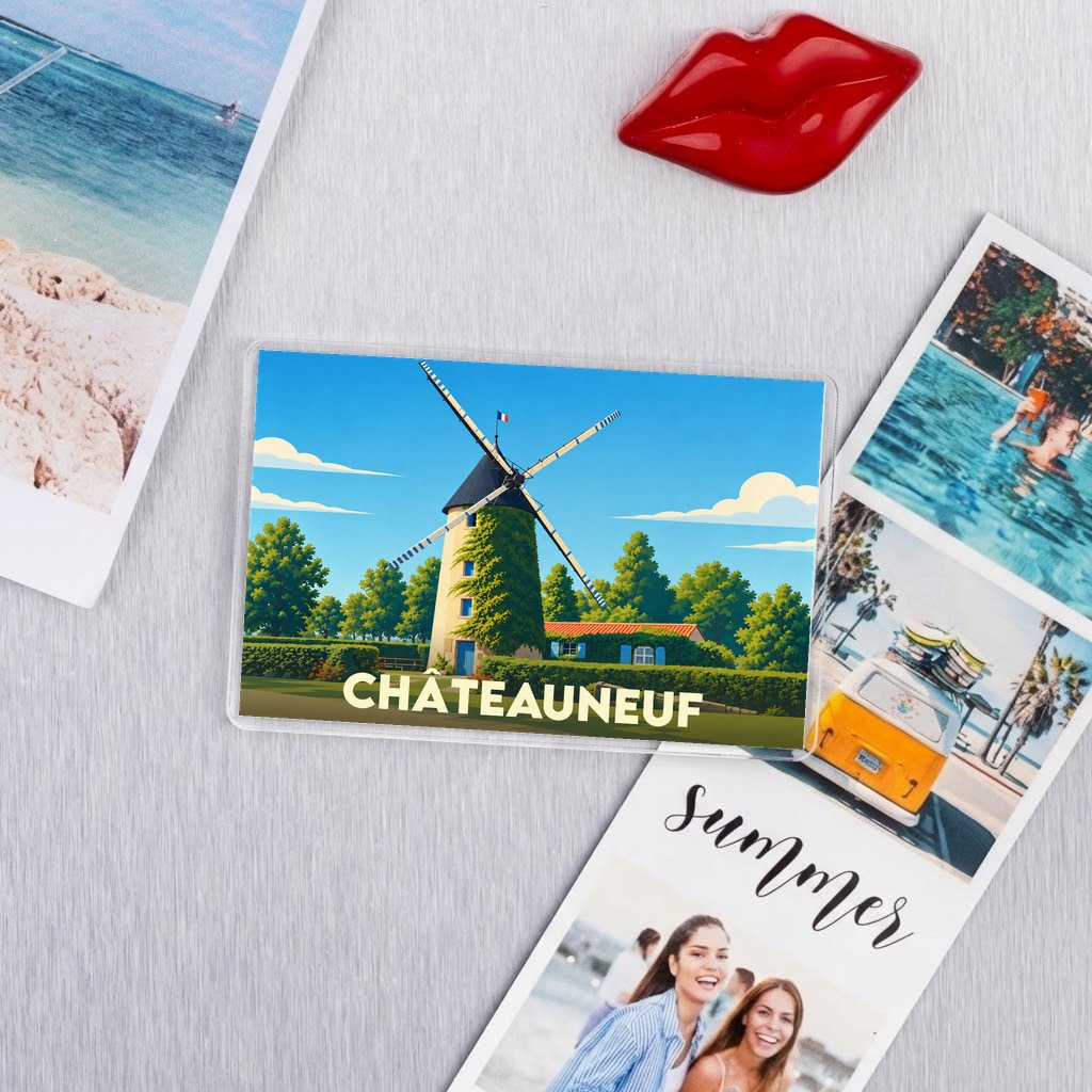 Magnet souvenir de la ville de Châteauneuf avec une illustration stylisée d'un moulin.