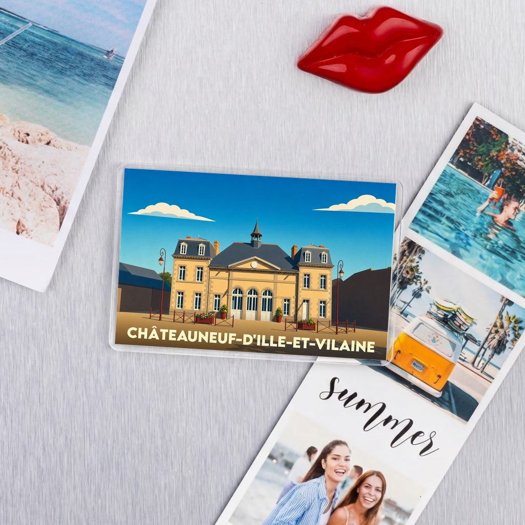Magnet souvenir de la ville de Châteauneuf-d'Ille-et-Vilaine avec une illustration stylisée de sa mairie.