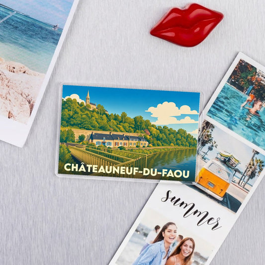 Magnet souvenir de la ville de Châteauneuf-du-Faou avec une illustration stylisée.
