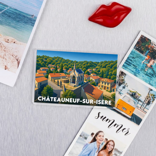 Magnet souvenir de la ville de Châteauneuf-sur-Isère avec une illustration stylisée.