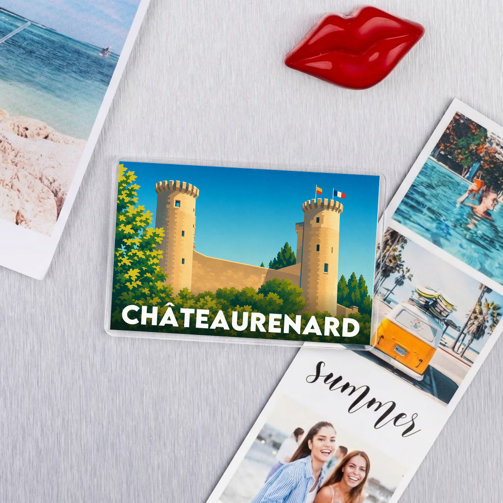 Magnet souvenir de la ville de Châteaurenard avec une illustration stylisée de son château.