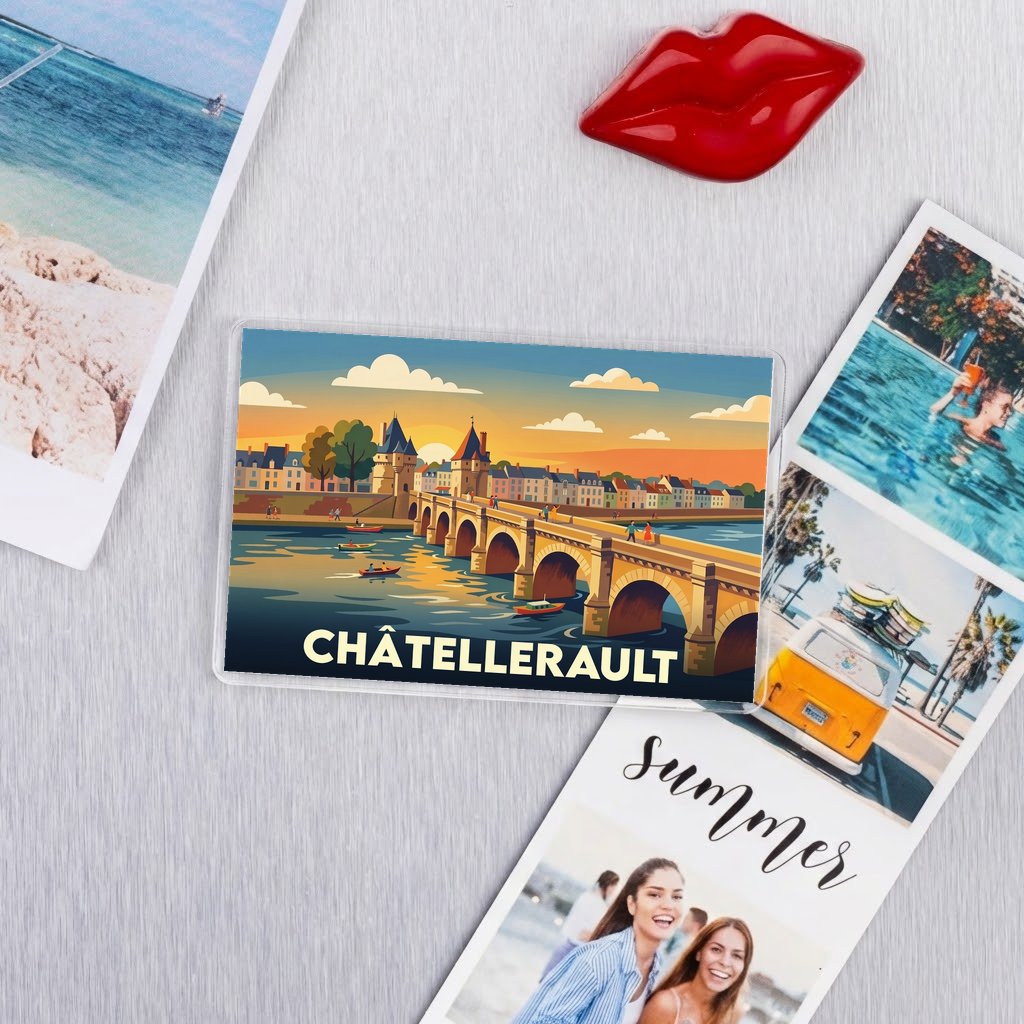 Magnet souvenir de la ville de Châtellerault avec une illustration stylisée de son célèbre pont.