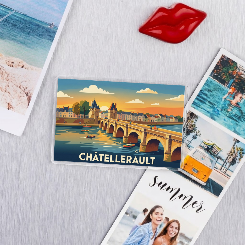 Magnet souvenir de la ville de Châtellerault avec une illustration stylisée de son célèbre pont.