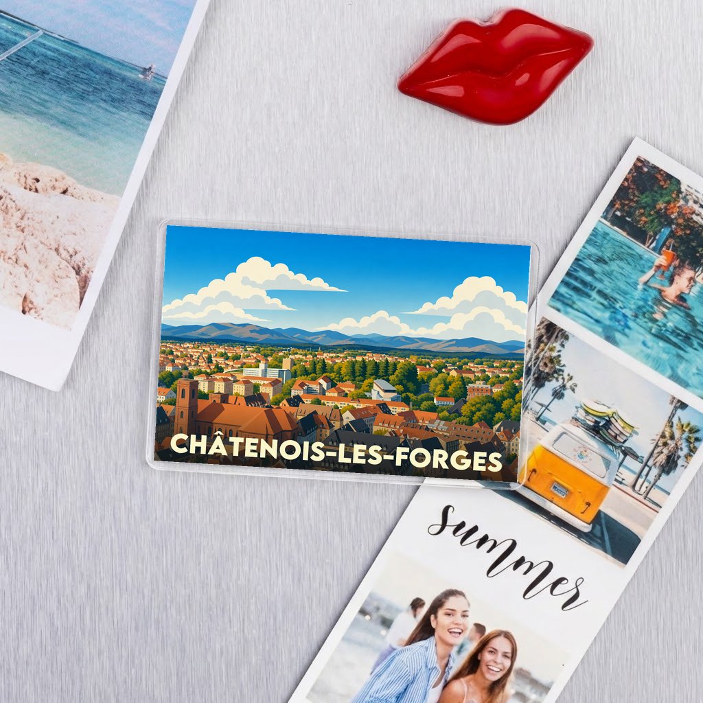 Magnet souvenir de la ville de Châtenois-les-Forges avec une illustration panoramique stylisée.