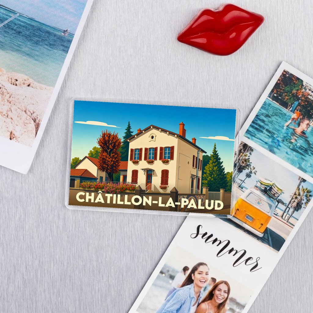 Magnet souvenir de la ville de Châtillon-la-Palud avec une illustration stylisée d'une maison régionale.