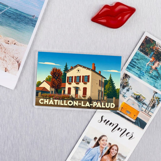 Magnet souvenir de la ville de Châtillon-la-Palud avec une illustration stylisée d'une maison régionale.