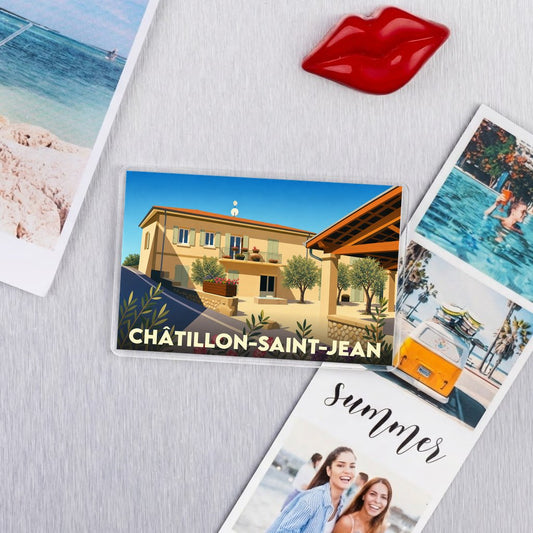 Magnet souvenir de la ville de Châtillon-Saint-Jean avec une illustration stylisée d'une demeure provençale.