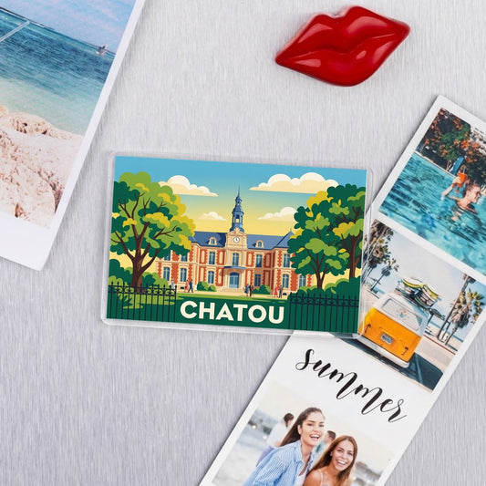 Magnet souvenir de la ville de Chatou avec une illustration stylisée de sa mairie.