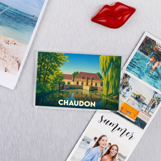 Magnet souvenir de la ville de Chaudon avec une illustration stylisée.
