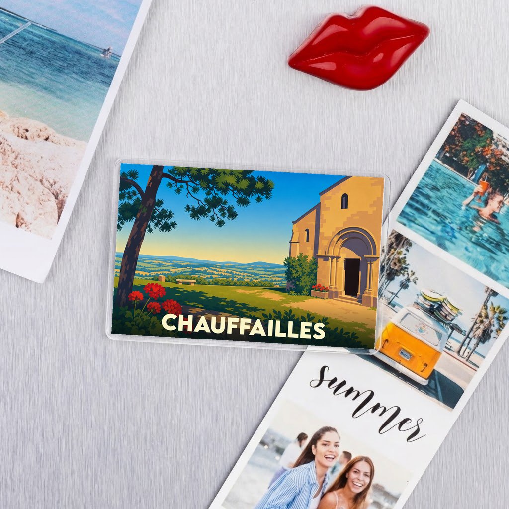 Magnet souvenir de la ville de Chauffailles avec une illustration stylisée d'un paysage vallonné et d'une église.