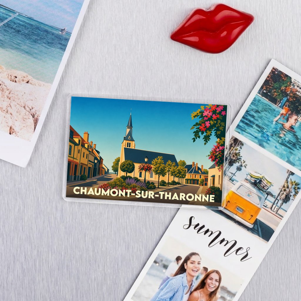 Magnet souvenir de la ville de Chaumont-sur-Tharonne avec une illustration stylisée.