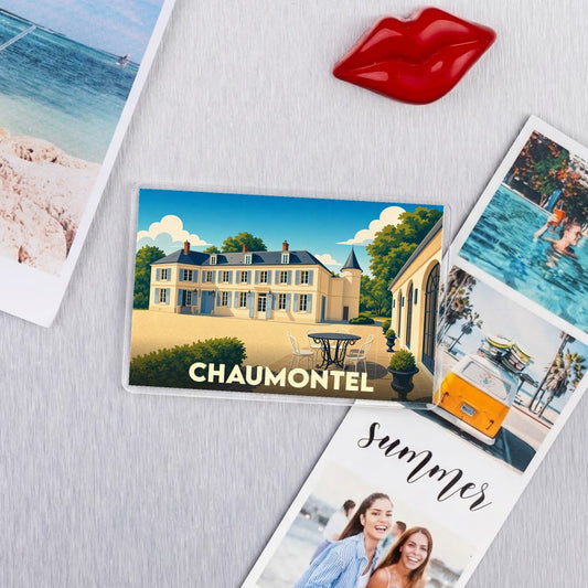 Magnet souvenir de la ville de Chaumontel avec une illustration stylisée d'un château.