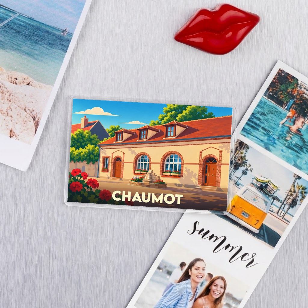Magnet souvenir de la ville de Chaumot avec une illustration stylisée de sa mairie.