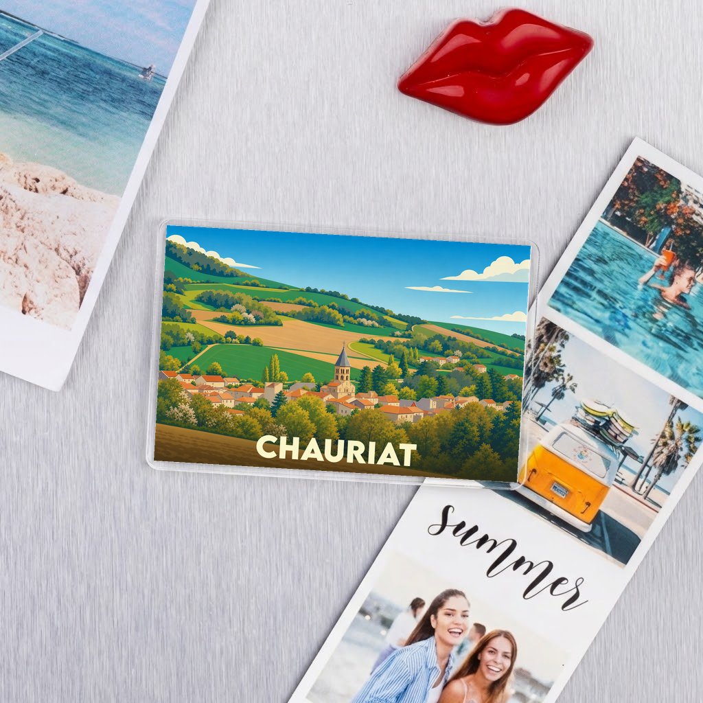 Magnet souvenir de la ville de Chauriat avec une illustration stylisée de ses paysages vallonnés.