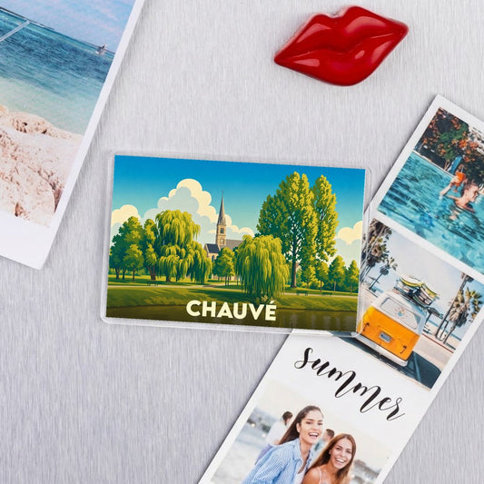 Magnet souvenir de la ville de Chauvé avec une illustration de paysage stylisée.