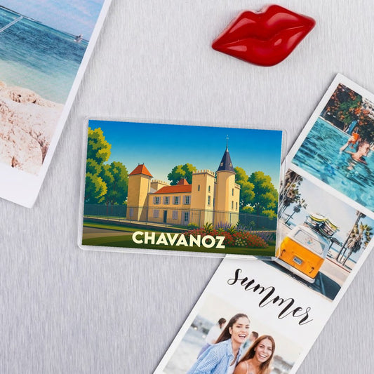Magnet souvenir de la ville de Chavanoz avec une illustration stylisée de son château.