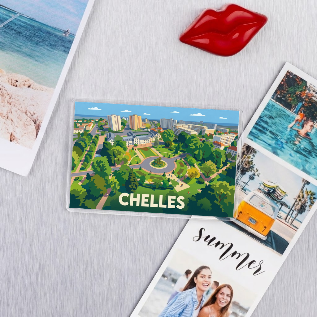 Magnet souvenir de la ville de Chelles avec une illustration stylisée.