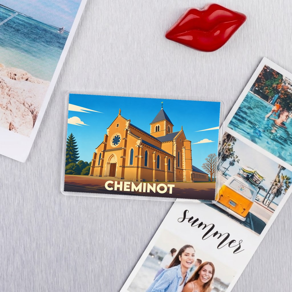 Magnet souvenir de la ville de Cheminot avec une illustration stylisée de son église.