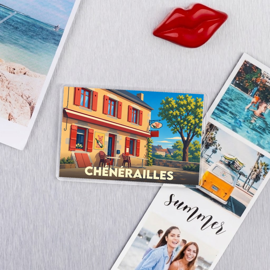 Magnet souvenir de la ville de Chénérailles avec une illustration stylisée d'un bâtiment typique.