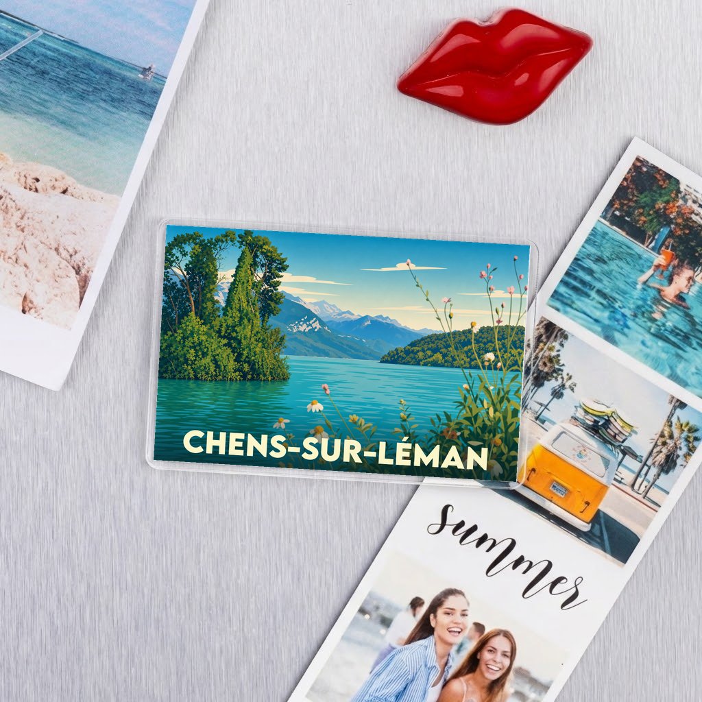 Magnet souvenir de la ville de Chens-sur-Léman avec une illustration stylisée du lac et des montagnes.