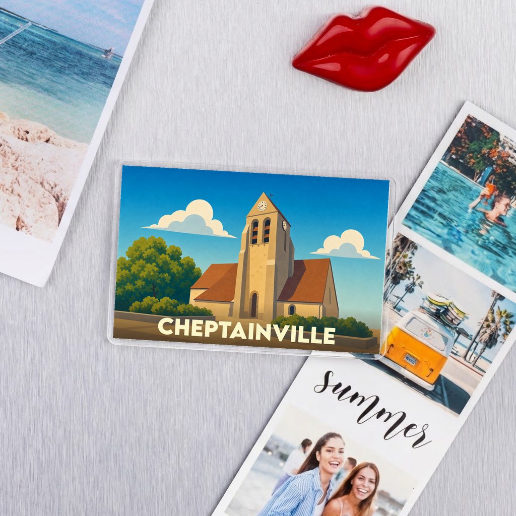 Magnet souvenir de la ville de Cheptainville avec une illustration stylisée de son église.