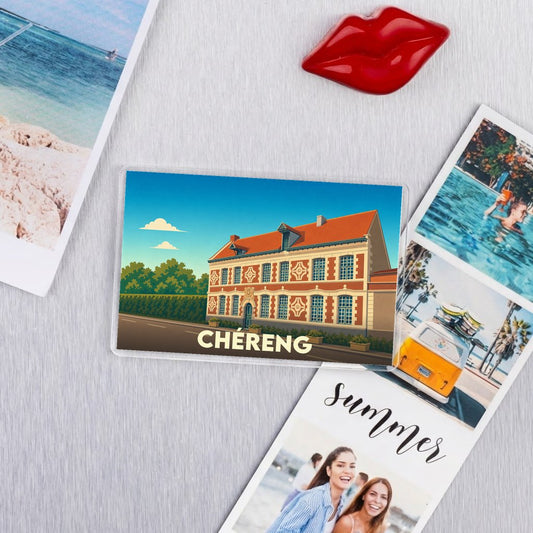 Magnet souvenir de la ville de Chéreng avec une illustration stylisée d'un bâtiment historique.